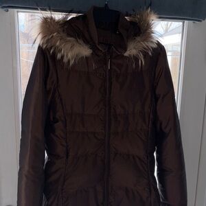 Via Spiga Brown Puffer Jacket with raccoon Fur Trim